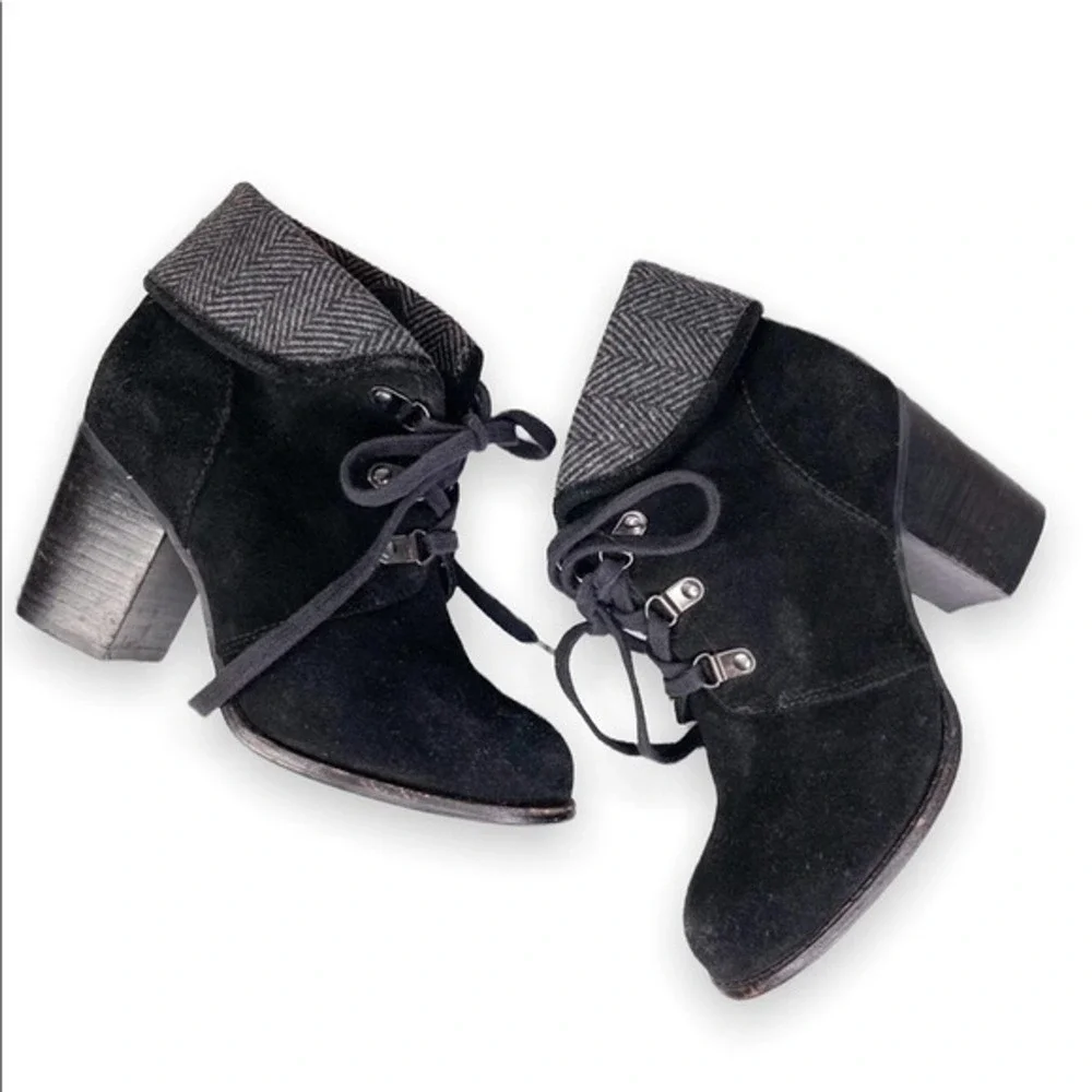Splendid Black Suede Lace Up Ankle Boots Herringbone Trim Block Heel 6M Academia